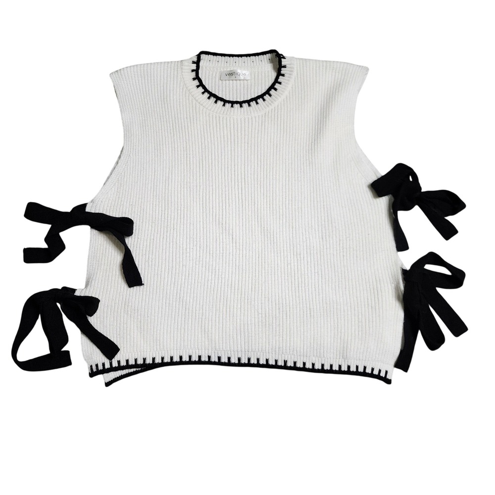 Vestique Womens Ivory Ribbed Knit Sweater Vest Black Side Tie Bow Small